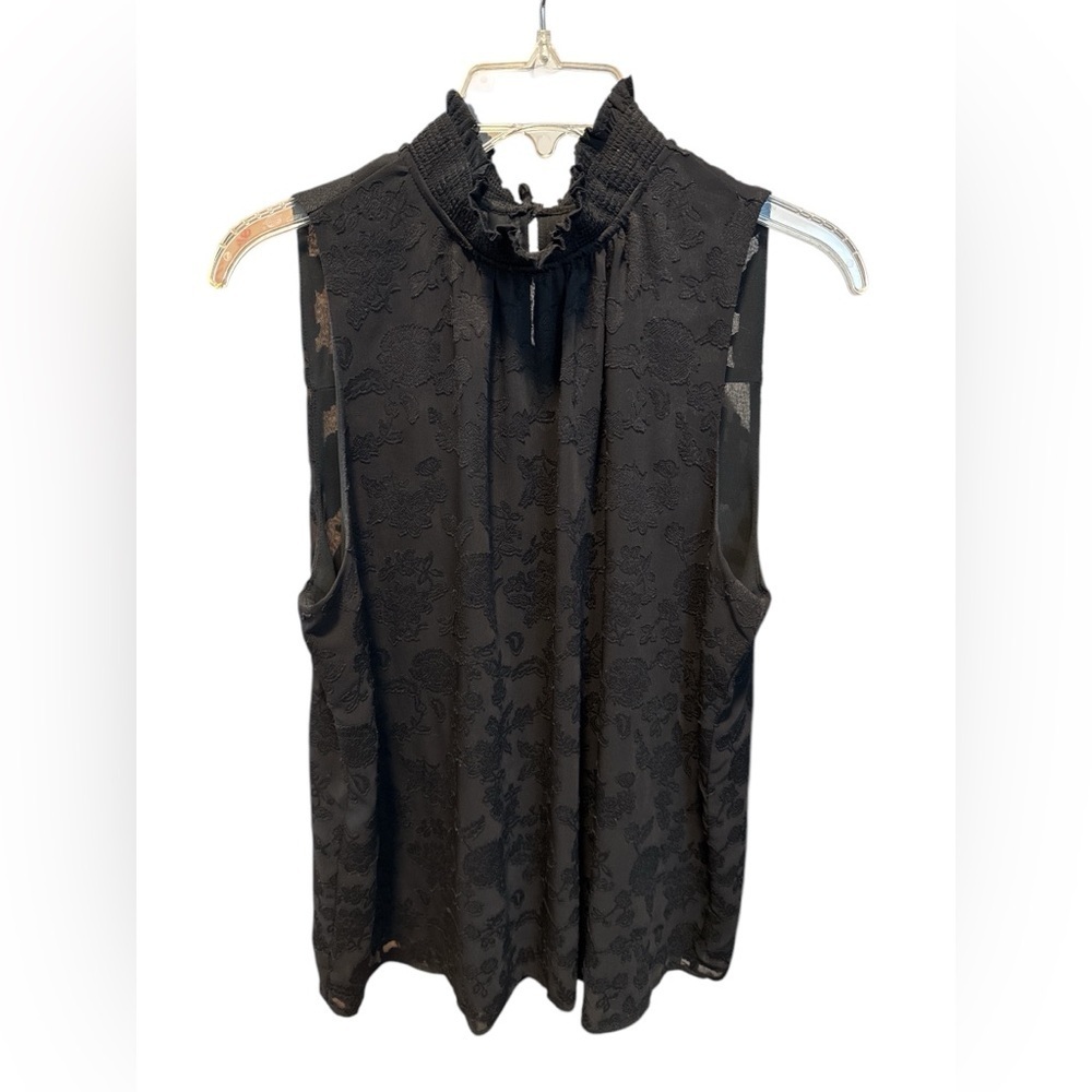 Loft Women’s Floral Smocked Neck Shell Sleeveless Mock Neck Black Size Large